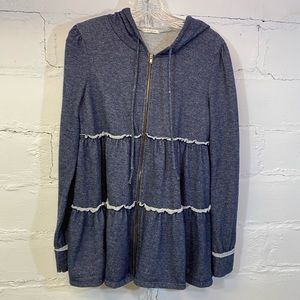 12PM by Monday Ami Womens Swing Zip Up Hoodie Cotton Denim Look Sweatshirt